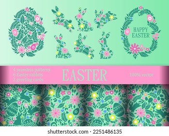 Easter set. Easter greeting card.Easter eggs, rabbit, leaves and flowers, spring background. Seamless pattern. Pattern for fabric, wrapping, wallpaper. Decorative print.