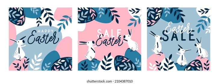Juego de pascua de tarjetas de felicitación, pancartas con huevos y conejillos. Diseño moderno con tipografía, motivos florales, huevos y conejillos. Venta de Pascua. Ilustración vectorial plana