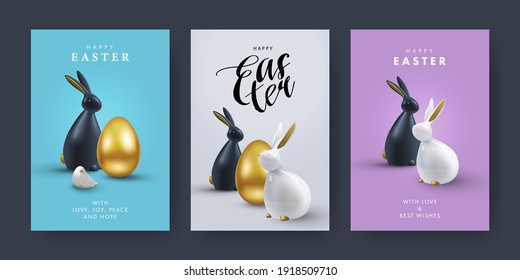 Easter Set of greeting cards, holiday covers, posters, flyers design in 3d realistic style with golden egg and black and white rabbit. Modern minimal design for social media, sale, advertisement, web