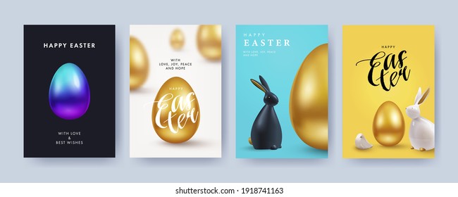 Easter Set greeting cards  holiday covers  posters  flyers design in 3d realistic style and golden egg   black   white rabbit  Modern minimal design for social media  sale  advertisement  web