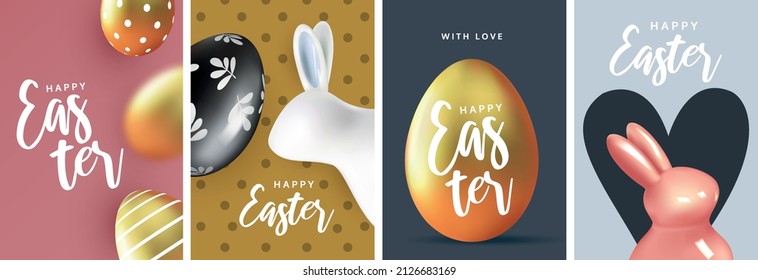 Easter Set of greeting cards, holiday covers, posters, flyers design.Modern minimal design  with eggs and  rabbits for social media, sale, advertisement, web.