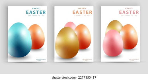 Easter set of greeting cards, holiday covers, posters, flyers in 3d realistic style. Modern minimalistic design for banner, presentation, invitation, stories, streaming.