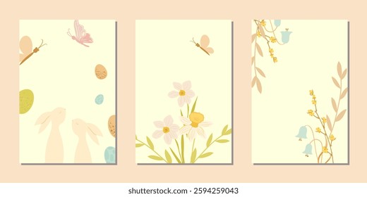 Easter Set of greeting cards, posters, holiday covers. Spring hand drawn flowers, dots, eggs and bunny in pastel colors.