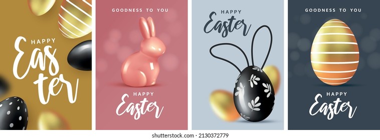 Easter Set of greeting posters, holiday covers, cards, flyers design.Modern minimal design  with eggs and  rabbits for social media, sale, advertisement, web.