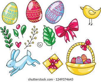 Easter set of hand drawn cartoon illustration. Happy Easter template with eggs leaves rabbit and chick. Vector illustration.