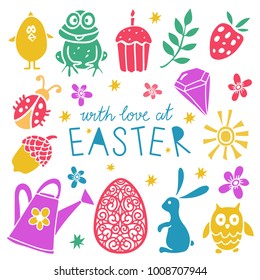 Easter set. Hand drawn isolated on white background. Handwritten text With love at Easter