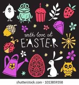 Easter set. Hand drawn isolated on black background. Handwritten text With love at Easter