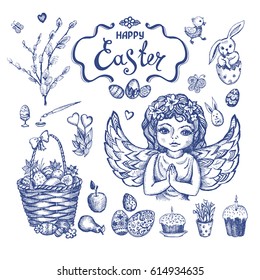 Easter set. Hand drawn realistic sketch. Vector llustration.