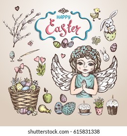 Easter set. Hand drawn realistic sketch. Vector illustration.