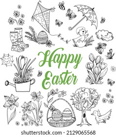 Easter set with hand drawn, scribble and elements. Flowers: daffodils, tulips, crocuses, and flying butterflies and bees. Vector illustration perfect for printing and coloring books.