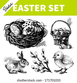 Easter set. Hand drawn sketch illustrations 