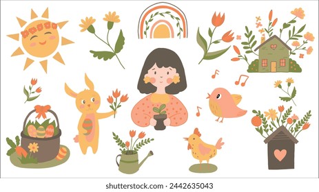Easter set in hand drawn style. Vector. Hello spring collection. Pastel and modern trendy vibrant. Clipart. Modern doodle