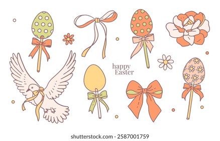 Easter set with hand drawn sweet contour elements of eggs lollipops with bows, flowers and dove in vintage coquette cute style. Flat pastel vector illustrations for banner, poster, greeting card