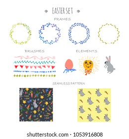 Easter set hand drawn in vector.  Wreathes, brushes, design elements and seamless pattern for creating your own holiday concept. Holiday theme.