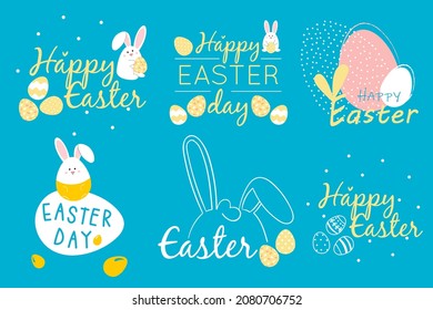 Easter set. Hand lettering set. Hand-drawn vector. Set with bunnies and Easter eggs. Easter greetings