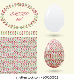 Easter set with a handmade pattern. Motley elements for decoration ads invitations cards and leaflets. Collection includes pattern brush frame and Easter eggs. Vector illustration.