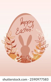 Easter set. Handwritten greeting on a beige egg, rabbit silhouette, rich floral frame, soft pastel palette, elegant holiday composition, nature-inspired seasonal artwork