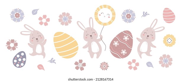 Easter set. Happy cute easter bunnies, sun, easter eggs and decorative flowers. Vector illustration. Isolated elements For Easter decoration and design, decor, print
