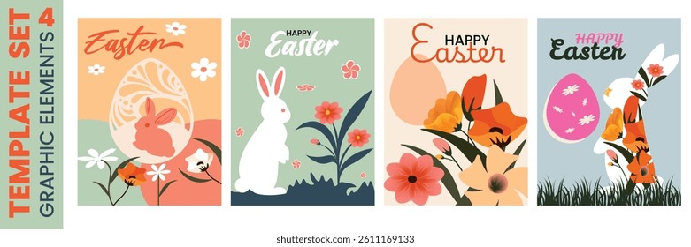 Easter Set and happy greeting card poster Holiday with floral covers Template