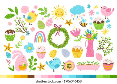 Easter set with hare, birds, eggs, sweet cupcakes, spring flowers. Colorful cartoon holiday collection of hand drawn vector elements. Isolate on a white background