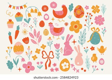 Easter set - hen, rabbit, eggs, flowers, garland, bow, chicken, berries, leaves, cupcakes, stars on white background. Perfect for spring greeting cards, decorations. Vector hand drawn illustration