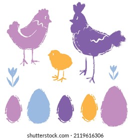 Semana Santa con gallinas, gallos y pollo al estilo escandinavo. Una bonita y colorida silueta. Ilustración vectorial.