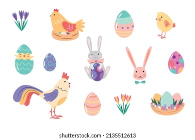 Easter set with hens, rooster, chicken, eggs and rabbits . Vector illustration of colorful Easter elements.