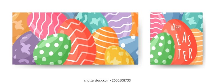 Easter set with horizontal banner and card with Easter colorful eggs. Playful Easter, background for websites, advertising, invitations, sale