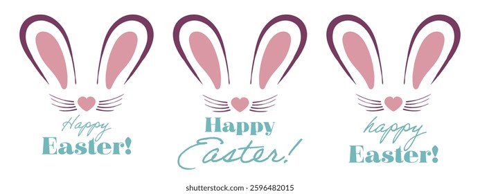 Easter set icon. Bunny ears, whiskers, heart-shaped nose, festive lettering, holiday greeting, decorative design, pastel tones, celebration theme, springtime illustration, cheerful composition