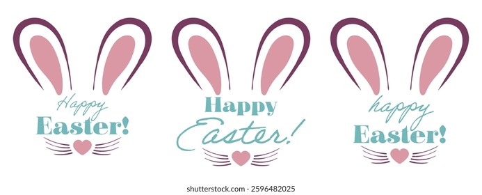 Easter set icon. Bunny ears, whiskers, heart-shaped nose, festive lettering, holiday greeting, decorative design, pastel tones, celebration theme, springtime illustration, cheerful composition