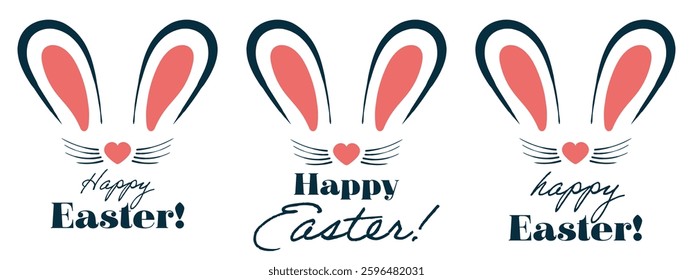 Easter set icon. Bunny ears, whiskers, heart-shaped nose, festive lettering, holiday greeting, decorative design, pastel tones, celebration theme, springtime illustration, cheerful composition