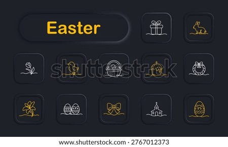 Easter set icon. Gift box, rabbit, flower sprout, chick, basket with eggs, cake, ribbon egg, lily flower, decorated eggs, bow, church building symbols in outline neon style.