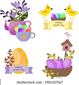 Easter set. Icons with attributes for Easter chickens, eggs, teapot with flowers and a cup. Vector illustration. For use in decor, invitations, greetings and gifts.