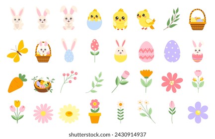 Easter set icons with bunny, eggs, flowers