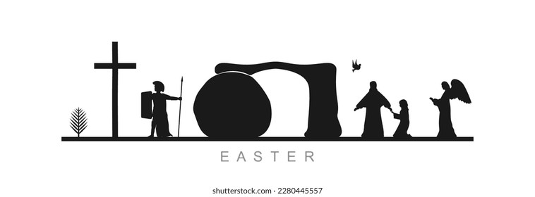 Easter, set of icons on a white background. A palm branch, a cross, a Roman soldier, a cave, Jesus Christ, Mary and an angel.