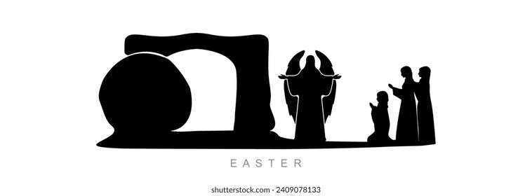 Easter, set of icons on a white background. The cave where Jesus Christ was resurrected and God's Angel announcing the resurrection to women.