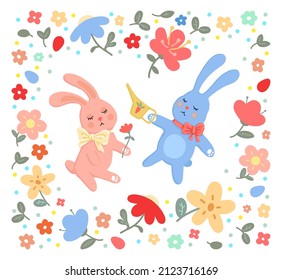 Easter set of illustrations of bunnies, eggs and flowers. Cute children's drawings.