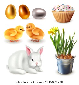 Easter set of isolated items. Rabbit, daffodils, eggs, chickens, cupcake. in a realistic style, on a white background