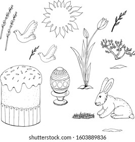 Easter set with isolated linear images of Easter cake, Easter egg, primrose, Bunny, twigs with leaves, spring sun, grass and flowering shrub