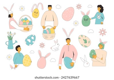 Easter set isolated on white background. People with eggs, bunny ears, flowers. Celebration spring holiday. Vector flat illustration.