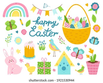 easter set. Isolated over white background objects. Design elements for postcards, advertisements, Easter invitations. Cute rabbit, chicken, bird, basket with eggs. Vector illustration.