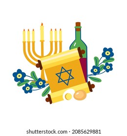 Easter. A set of items for the Jewish Passover holiday. Blame the scroll, Star of David, eggs, flowers. Icon, clipart for website, holiday applications, Jewish traditions. Vector flat illustration