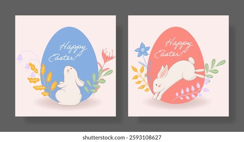 Easter set. Jumping bunny, red egg, blooming flowers, nature-inspired decoration, delicate spring hues, festive holiday theme, artistic pastel composition, joyful celebration