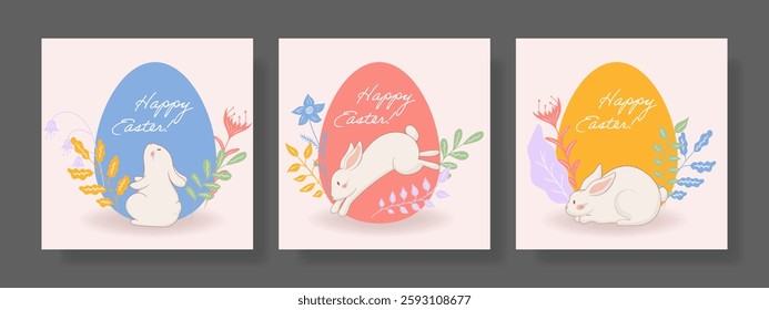 Easter set. Jumping rabbit, red egg, botanical composition, elegant floral decor, bright pastel shades, festive greeting, harmonious nature elements, delicate spring design