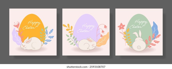 Easter set. Jumping rabbit, red egg, botanical elements, elegant floral design, delicate pastel shades, festive mood, greeting card, seasonal decoration, vibrant nature details