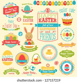 Easter set - labels, ribbons and other elements. Vector illustration.