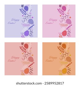 Easter set. Lavender greeting card with decorative eggs, floral patterns, and branches. Soft pastel holiday design with an elegant and delicate style.