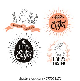 Easter set with lettering, sunburst and rabbit. Vector illustration. Happy Easter greeting cards.