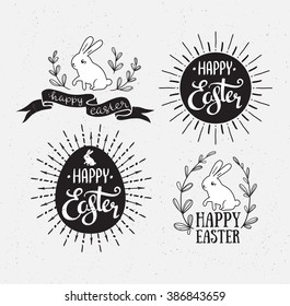 Easter set with lettering, sunburst and rabbit. Vector illustration. Happy Easter greeting cards. Grunge effect are isolated.