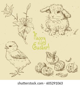 Easter set with linear sketches. Easter baby chick, lily flowers, eggs and feathers, easter baby bunny. Handwritten text Happy Easter. Hand drawn vector illustration on the textured paper background.